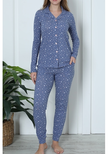 Kadın Pijama Uzun Kollu Düğmeli Pijama Takımı Cepli Pamuk 3 Lü Takım Kısa Kollu Indıgo İndigo
