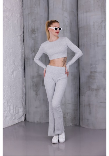 Kadın İspanyol Paça Pantolon Uzun Kollu Parmak Geçirmeli Crop Takım Gri