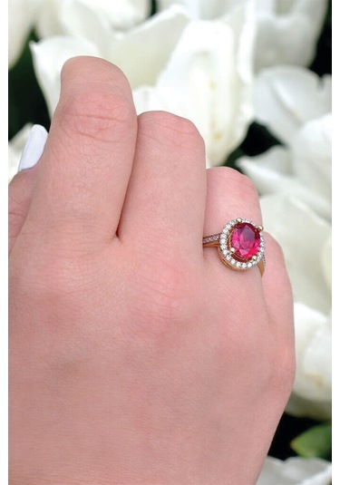 Oval Kırmızı Taşlı Altın Yüzük (489565023)