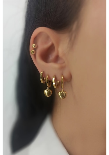 Çlk Accessories Çelik 6 Lı Kalp Küpe Kombin Trküpe34623 - Gold Altın