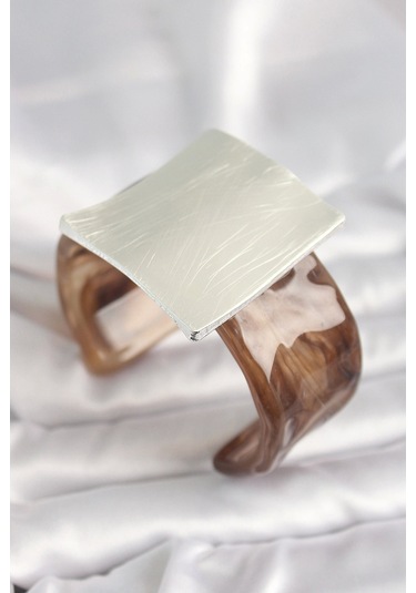 Kahverengi Mermer Desen Akrilik Plastik Gümüş Kare Plaka Model Vintage Kadın Bilezik Çok Renkli