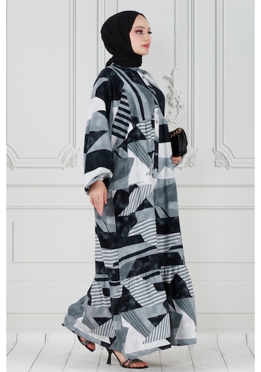 Yarasa Kol Cam Kırığı Viskon Elbise-gri-3805 - Gri