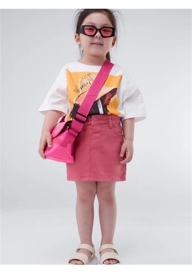 Kız Çocuk Lcralı Düğmeli Etek-12651 Gülkurusu