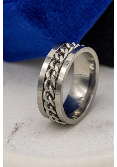 Ortası Dönebilen Zincirli Erkek Kadın Anti-stres Çelik Alyans Yüzük Cl43 Beyaz