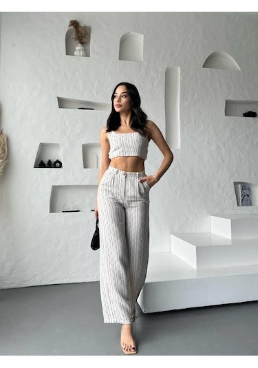 Eke Tekstil Lacivert Çizgili Crop Pantolon Keten Takım-lacivert Lacivert