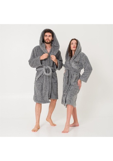 Uzun Kapüşonlu Welsoft Sabahlık Aile Seti-Gri