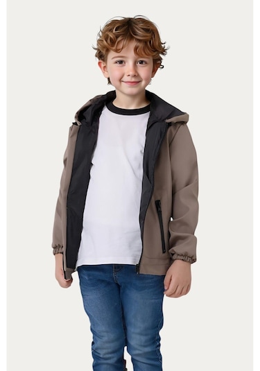 Erkek Çocuk Astarlı Su Ve Rüzgar Geçirmez Kapüşonlu Çift Fermuarlı Cepli Yağmurluk Taş