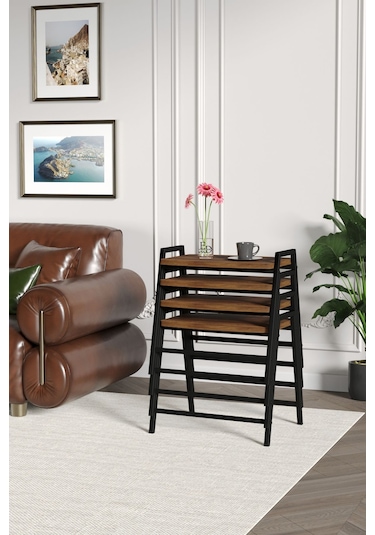 Zigon Sehpa , Aden 4'lü Tepsi Zigon Sehpa Takımı Siyah Metal - Barok Tabla Siyah-barok