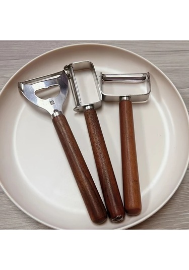 Techbloom 3 Parça Paslanmaz Çelik Soyacak Seti Akasya Ahşap Saplı Meyve Sebze Patates İçin 001 Siyah