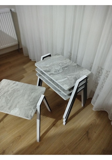 Zigon Sehpa 4'lü Mermer Desenli Tepsi Model Gri Mermer Desen Antrasit Ayak Gri Mermer