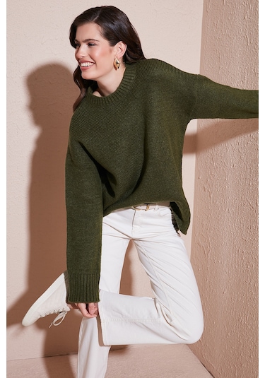 Lela Regular Fit Bisiklet Yaka Basic Triko Bayan Kazak 4616213 Haki