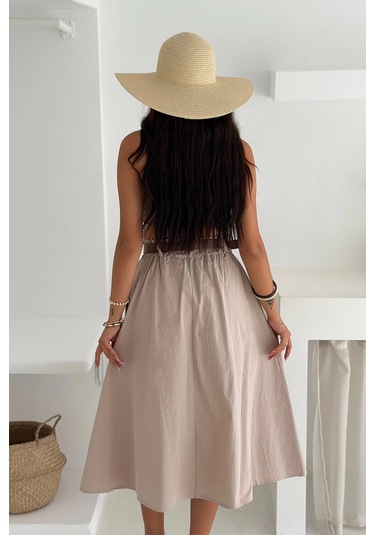 Kemerli Boydan Düğmeli Keten Etek Krem Krem