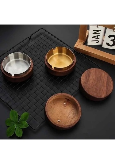 Ulzyvf Yeni Yaratıcı Tablası Sigara Rüzgar Paslanmaz Ofis Masaüstü Küllük Kül Kapaklı Ev Dekorasyon Ceviz Ahşap Adet 8cm-altın -1 Zt