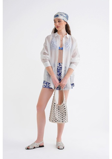 4667 Kadın İnce Oversize Modal Gömlek Beyaz Beyaz