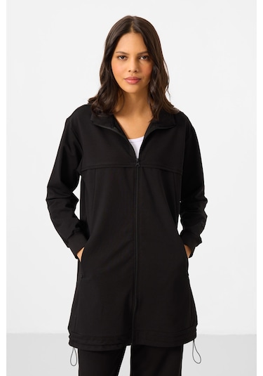 Siyah Dik Yaka Fermuarlı Pamuklu Kadın Eşofman Tunik Takım - 95346 Siyah