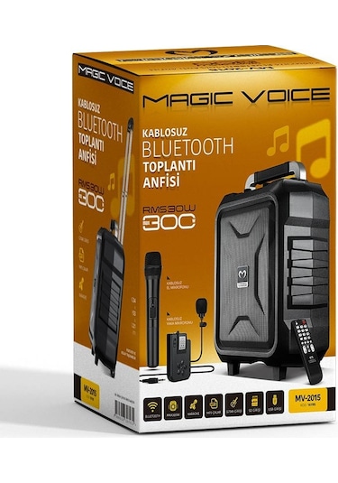 Magicvoice Mv-2015 Vhf El+yaka Mikrofonlu Usb Sd Bt 300w Siyah Taşınabilir Seyyar Anfi Mikrofonlu Amfi Hoparlör