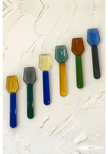 İronika 6lı Renkli Cam Kaşık Borosilikat Isıya Dayanıklı Özel Tasarım Çay Kahve Tatlı Kaşığı Altıgen Açık Mavi