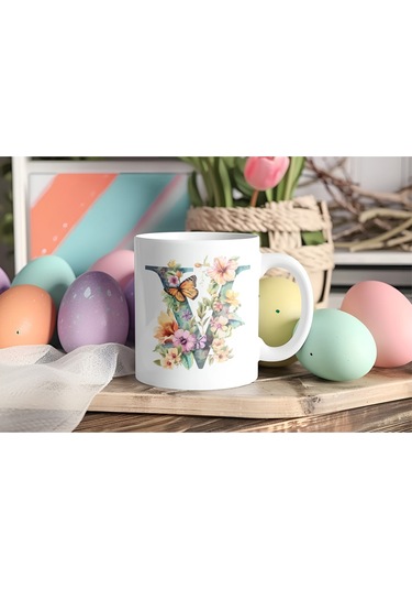 V Harfi Çiçekli Kupa Bardak - Soft Renk Çiçek Ve Kelebek Desenli Zarif Kahve Kupası - Bohem Beyaz
