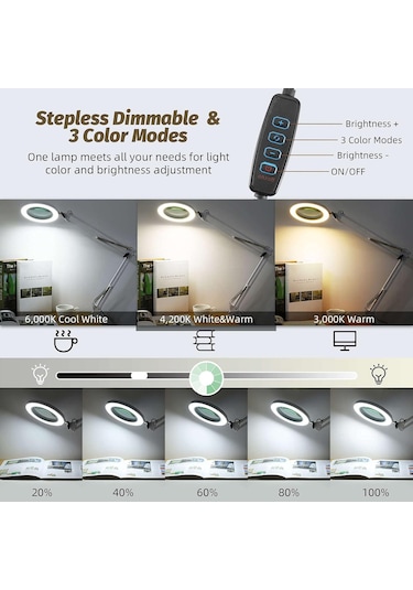 Işık Ve Stand İle Büyüteç, 5 İnç 10x Gerçek Cam Lens, 3 Renk Modu Led Masa Lambası