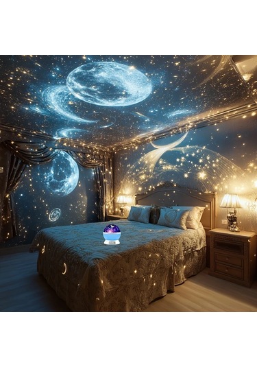 Honeybeeshop 1 Adet Blue Yıldız Ve Ay Gece Lambası Usb Güçlü 360 Döner Taban Yatak Ofis Dekorasyonu Ay Evreleri Modern Astronomi Aydınlatma Hediye Ahşap