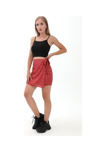 Çiçek Desenli Yandan Bağlamalı Etek - Kırmızı