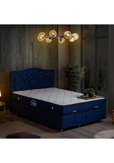 Setaymobilya Baza, Şah Lacivert Çift Kişilik Baza + Başlık + Deluxe Yatak