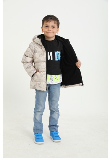 Erkek Çocuk Bej Pusula Desen İçi Polar Su Ve Rüzgar Geçirmez Kapüşonlu Cepli Şişme Kışlık Mont Bej