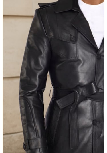 Derije Valdes Hakiki Deri Erkek Siyah Kuşaklı Trençkot Siyah