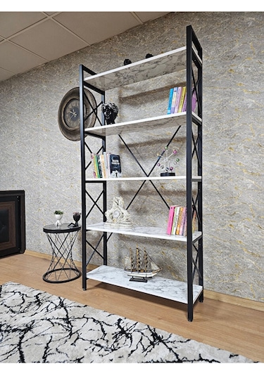 Siyah Boyalı Kitaplık - 5 Raflı Suntalem Lüks Kitaplık Beyaz Merm Çok Renkli