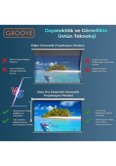 Groove Vizio Pro 120 Inch Blackout Işık Geçirmez Elektrikli Otomatik Kumandalı Projeksiyon Perdesi 265x150cm +motorlu+canlı Renkler+göz Koruması+leke Tutmaz Projector
