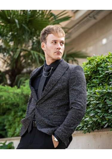 Bys Beystil Sivri Yaka Kırçıllı Siyah Blazer Ceket Britanya -slim Fit