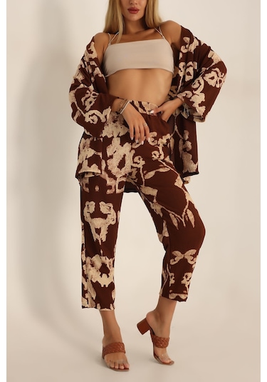 Trend Alisse Desenli Kimono Kadın Alt Üst Takım Kahverengi