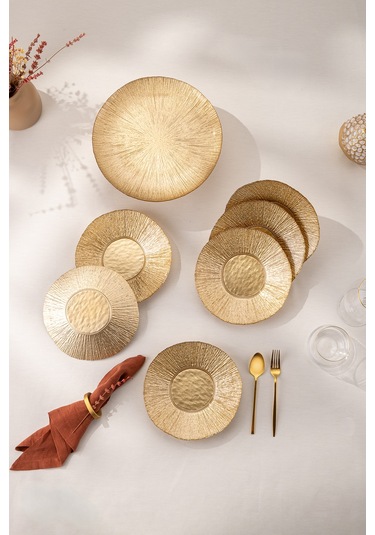 Emsan Golden 7 Parça Cam Pasta / Tatlı Seti Gold