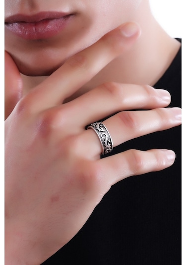 Erkek Antik Gümüş Kaplama Ejderha Baskılı  Yüzük Çok Renkli