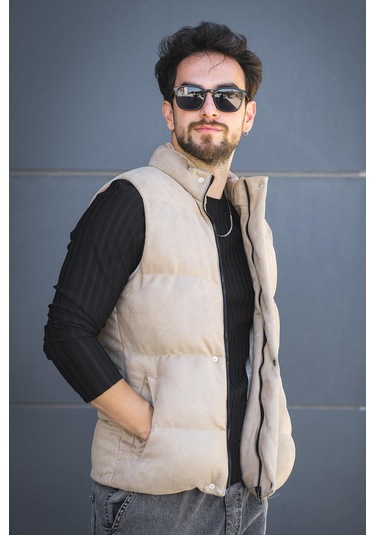 Taff Cepli Dik Yaka Dolum Erkek Şişme Süet Nubuk Yelek Bej