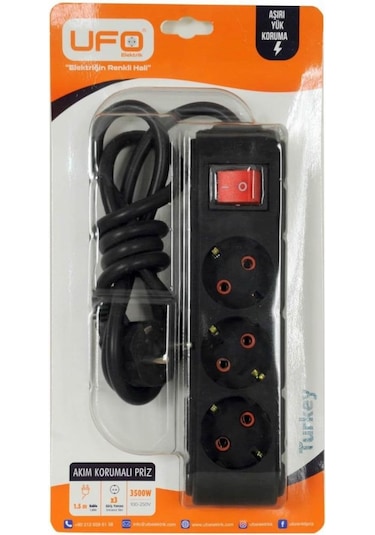 Ufo 3'lü Siyah Anahtar Akım Korumalı Grup Priz 1.5 Mt Şok Korumalı Priz 1 - 3 M