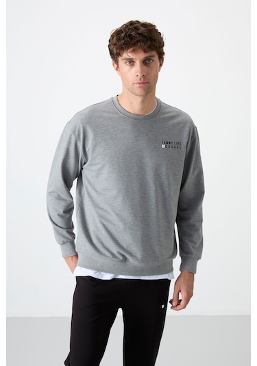 Tommy Life Gri Melanj - Siyah Casual O Yaka Lastik Paça Pamuklu Erkek Oversize Eşofman Takımı - 85120 Gri - Siyah