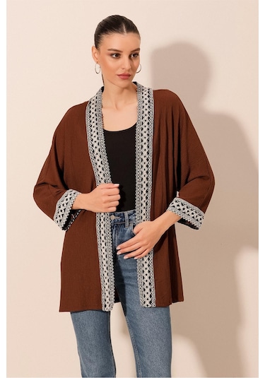 Bigdart 5866 Nakışlı Örme Kimono - Kahverengi 001