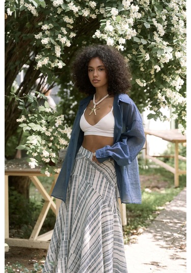 Peigi Çizgili Parçalı İndigo Midi Etek İndigo