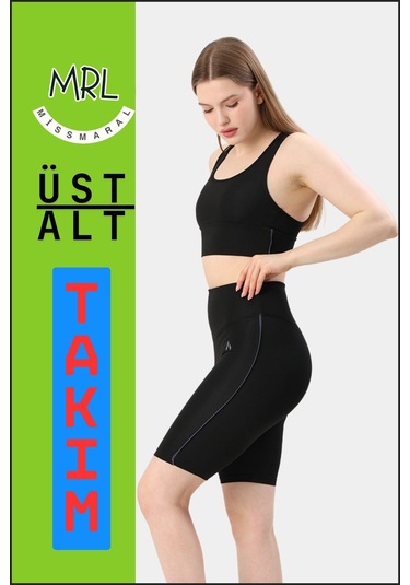 Kadın Siyah Takım Alt-üst Kısa Şort-tayt Ve Pedli Sporcu Büstiyer 2li Set Antrasit Biyeli Elt3043 Siyah Antrasit