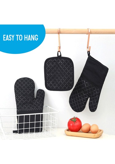Geeksen 30 Cm Siyah Silikon Izgara Eldiveni Ve 2 Adet Isı Koruyucu Tutucu, Pamuk + Silikon Malzeme, 4'lü Set Çok Renkli