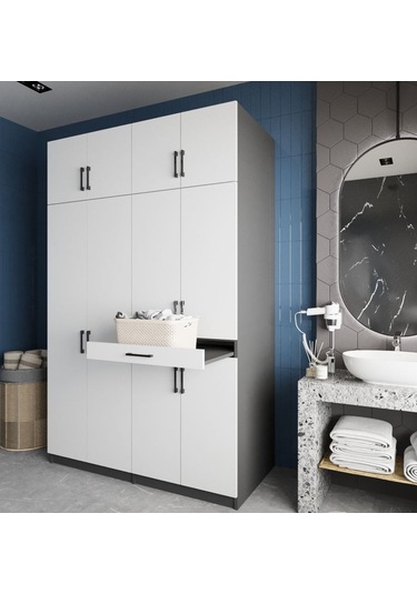 Megan Çamaşır Ve Kurutma Makinesi Dolabı Banyo Dolabı Füme Beyaz Füme Beyaz