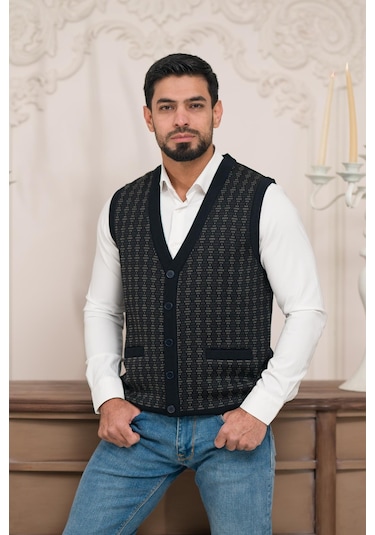 Woolen World Regular Fit Ön Cepli Desenli Kolsuz Erkek Triko Yelek Lacivert