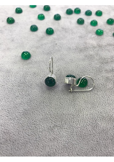 Yeşil Akik Taşlı Gümüş Küpe 925 Ayar Doğal Taş