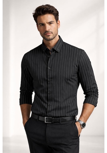 Classics Men Jet Polo Uzun Kol Slim Fit Erkek Çizgili Gömlek - 7574 Siyah