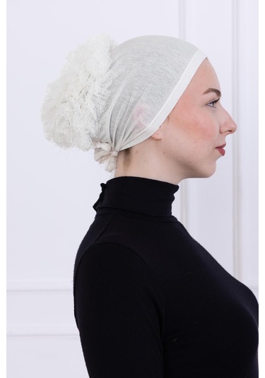 Fırfırlı Önden Dikişli Penye Bone - Kadın Tesettür Bağlamalı Topuz İç Bone-ekru - Kırık Beyaz Ekru