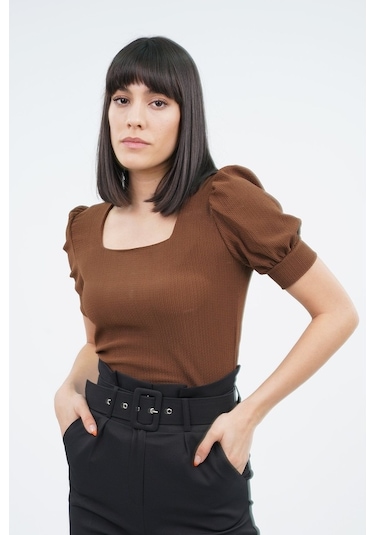 Gabria Kadın Kare Yaka Örme Bluz Kahve (538124459) Kahverengi