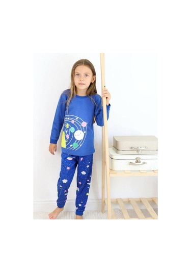 Kız Çocuk Pamuklu Gezegen Baskılı Pijama-15272 Lacivert