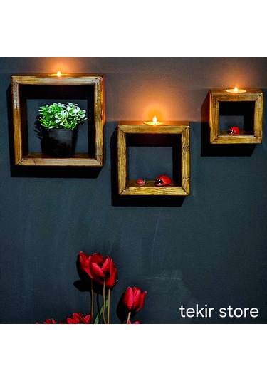 İç İçe Geçmeli 3'lü Duvara Asılabilir Mumluk Ceviz Rengi