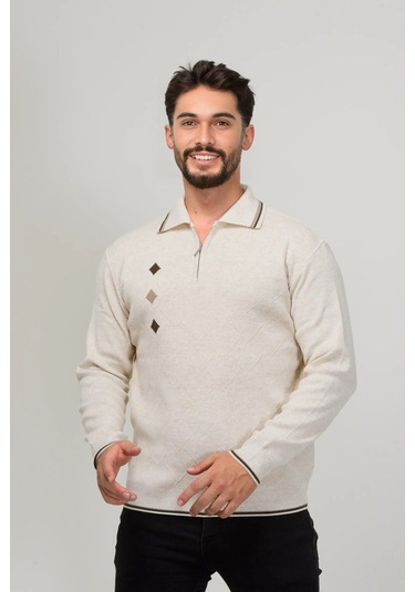 Kamalı Erkek Çelik Örgü Intarsia Gofra Desen Fermuarlı Polo Yaka Tüylenmez Premium Triko Kışlık Baba Kazak Taş